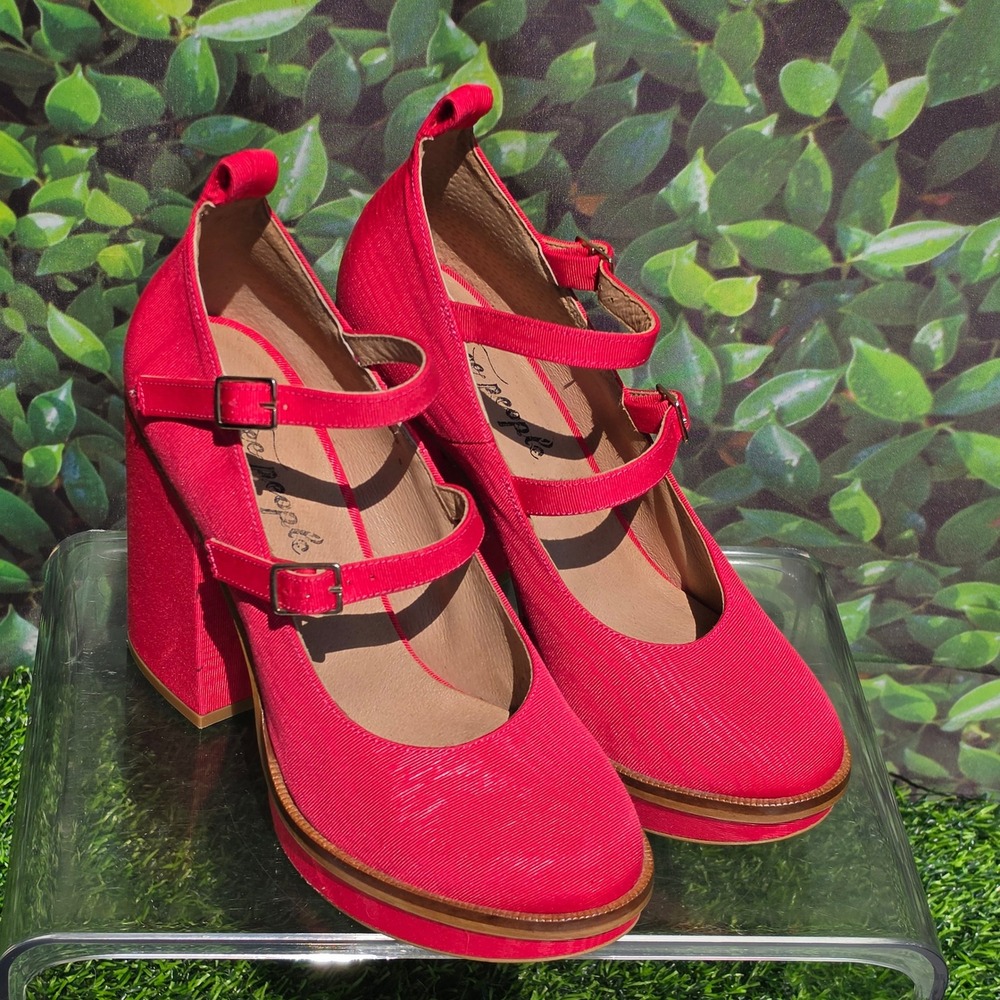Free People Red Ribbed Double Strap Platform Mary Jane Block Heels 38 Spain